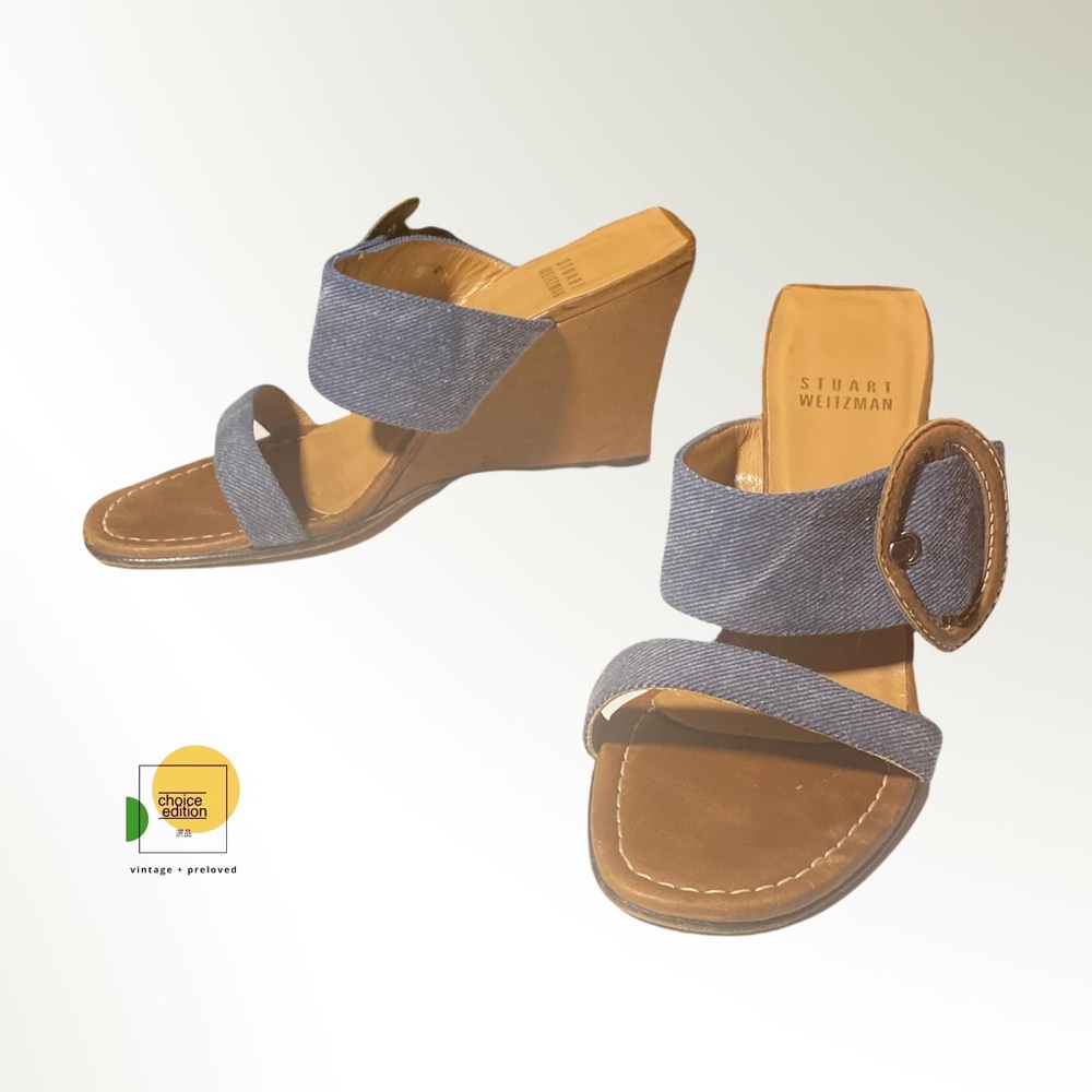 Vtg Stuart Weitzman Wedge Mules Heels Denim Brown - Picture 3 of 6